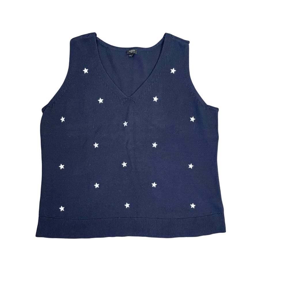 Talbots Womens 2X Navy Blue Star Print Cotton V-Neck Sweater Vest Sleeveless - Picture 1 of 8